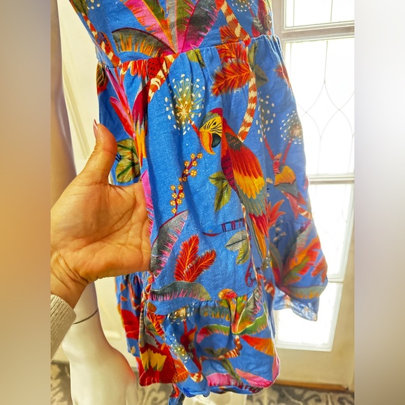 FARM RIO 100%Cotton Macaw Tropical Blue Floral Party Mini Dress Size XS - Picture 9 of 14